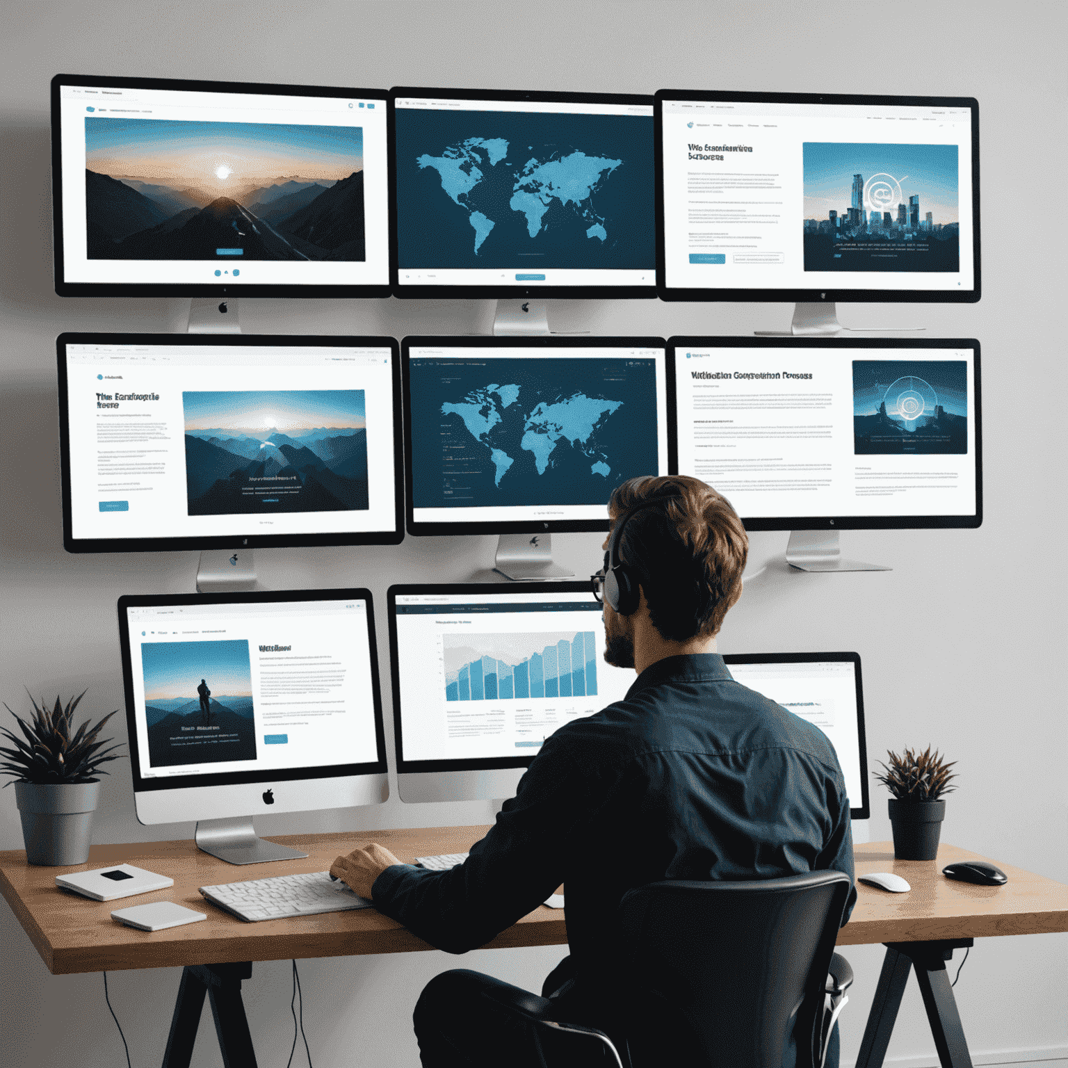 最新のAI技術を活用したウェブサイト制作プロセスのイラスト。複数の画面上でウェブサイトのレイアウトが自動生成される様子と、それを操作する人物のシルエット。