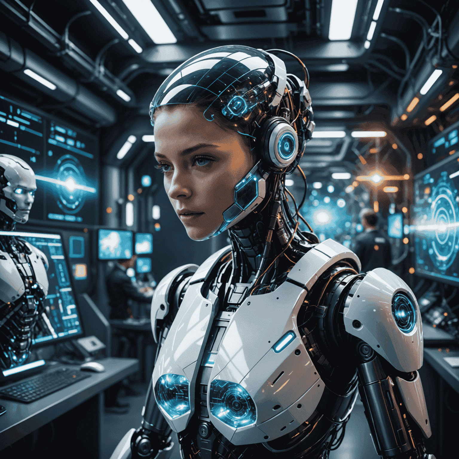 2025年以降のテクノロジーイノベーションを表す未来的な画像。ホログラム、AIロボット、量子コンピューターなどが描かれている。